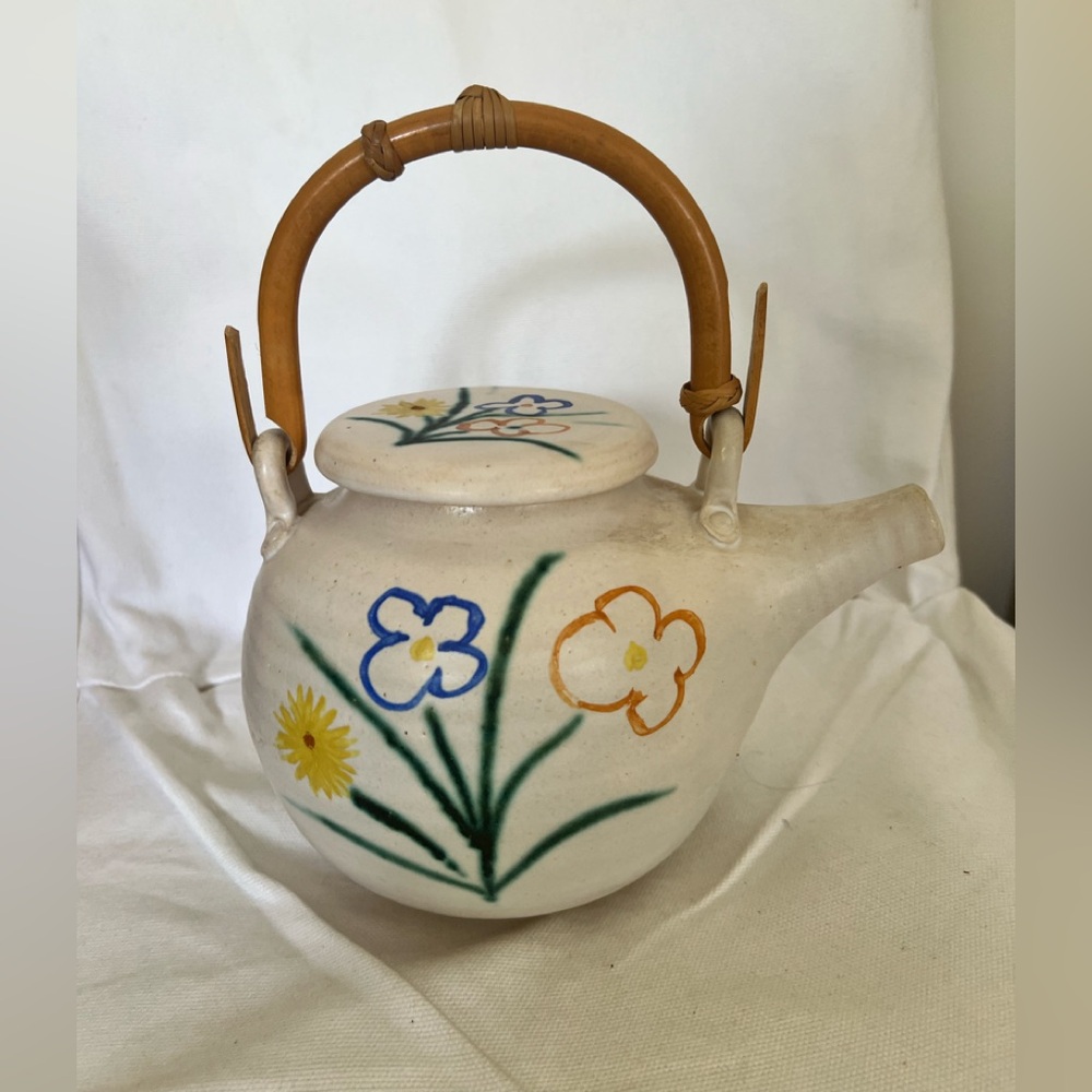 Artisian Signed Pottery Handmade Floral Stoneware Teapot handpainted flowers